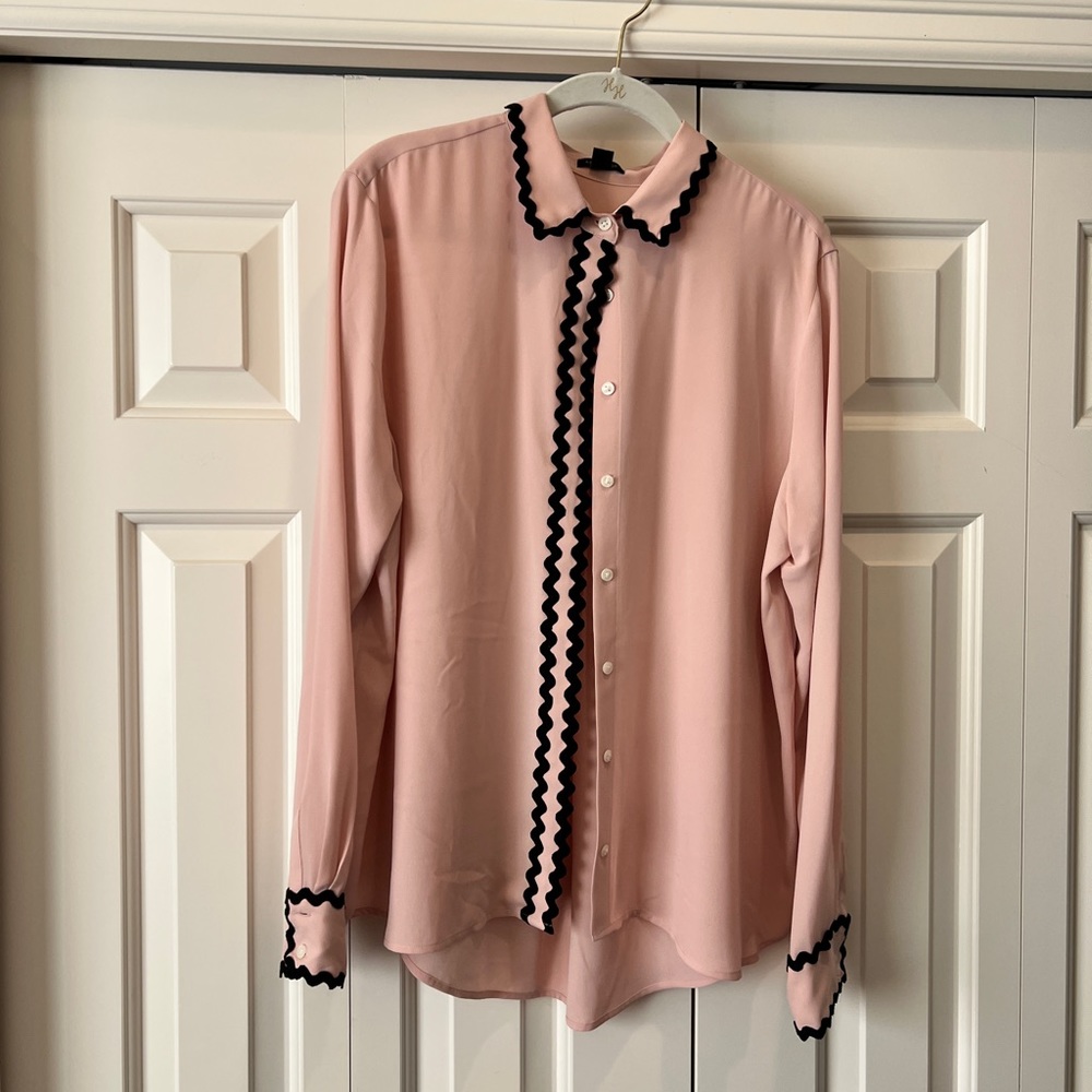 Ann Taylor Pink with black ric-rac trim detail. Size large Button down blouse